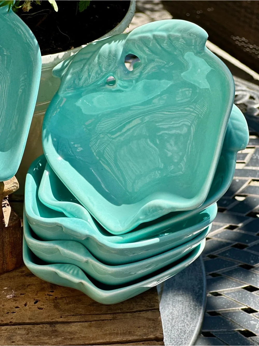 Vintage Hoenig California 734 Turquoise Apple Dishes Set 6 MCM USA Pottery
